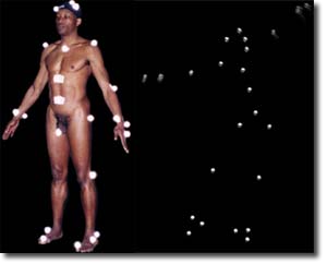 Bill T. Jones outfitted with motion capture markers (left), and the rendering of his motion capture data (right) as part of his work 'Ghostcatching'.
